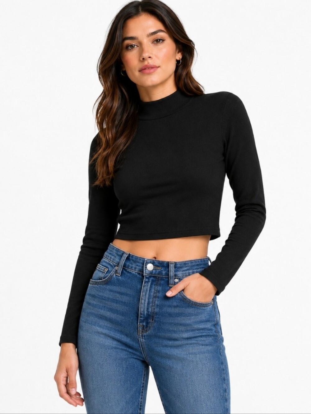 Lulu's Black Mock Neck Long Sleeve Crop Top Sz Lg